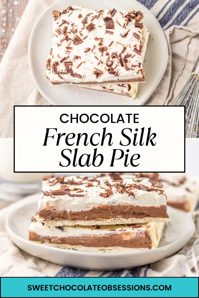 This French Silk Slab Pie offers a unique twist on the traditional French Silk Pie. Crafted on a sheet pan, it's buttery crust perfectly complements the French silk pie filling made from chocolate pudding and freshly whipped cream. This dessert is truly a showstopper for any occasion!